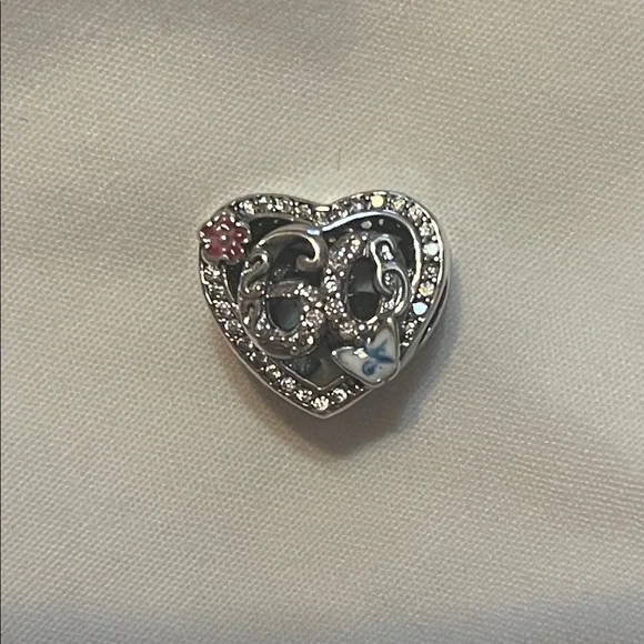 Elegant 925 Sterling Silver Heart “60” Charm with Pink and Blue Details - Picture 1 of 5